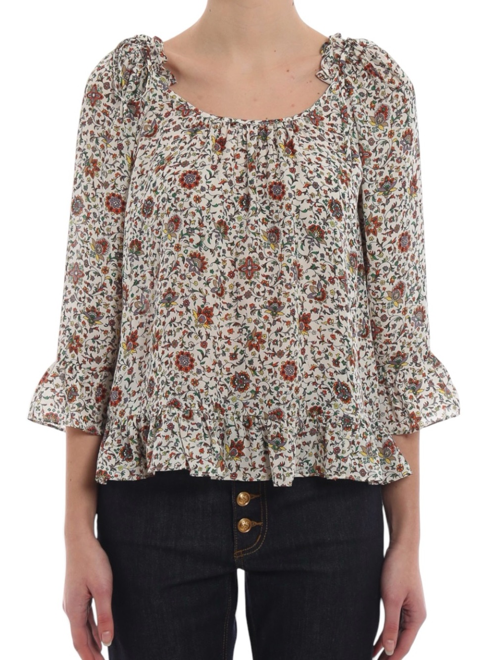 Tory Burch 100% Silk Botanical Woodblock Print Peasant Blouse Size 8 Boho Chic
